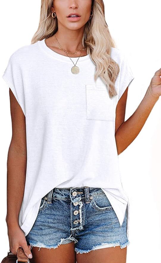 XIEERDUO T Shirts for Women Loose Fit Cap Sleeve T Shirts with Pocket for Women | Amazon (US)