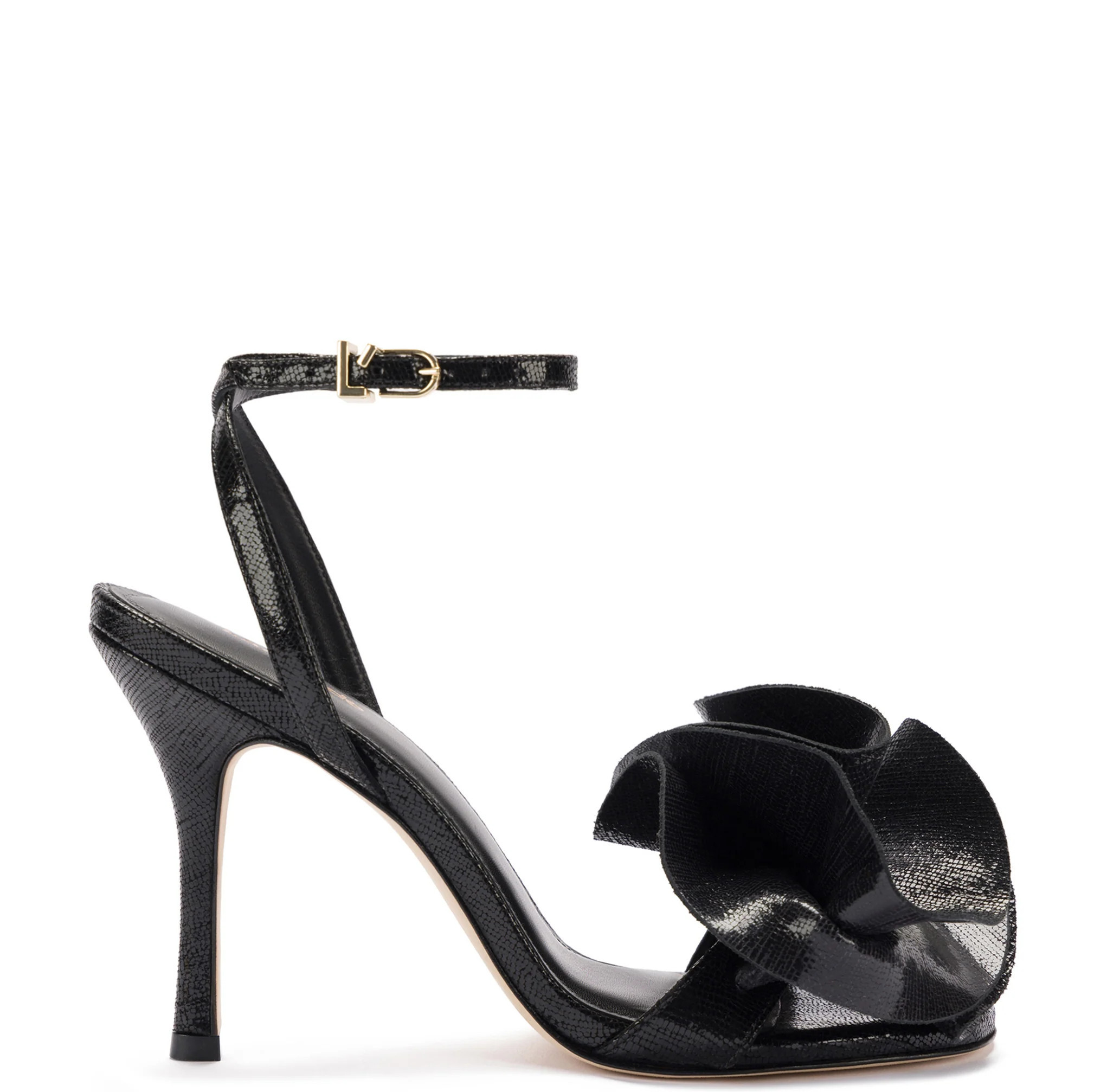 Penelope Sandal In Black Cracked Metallic Leather | Larroude