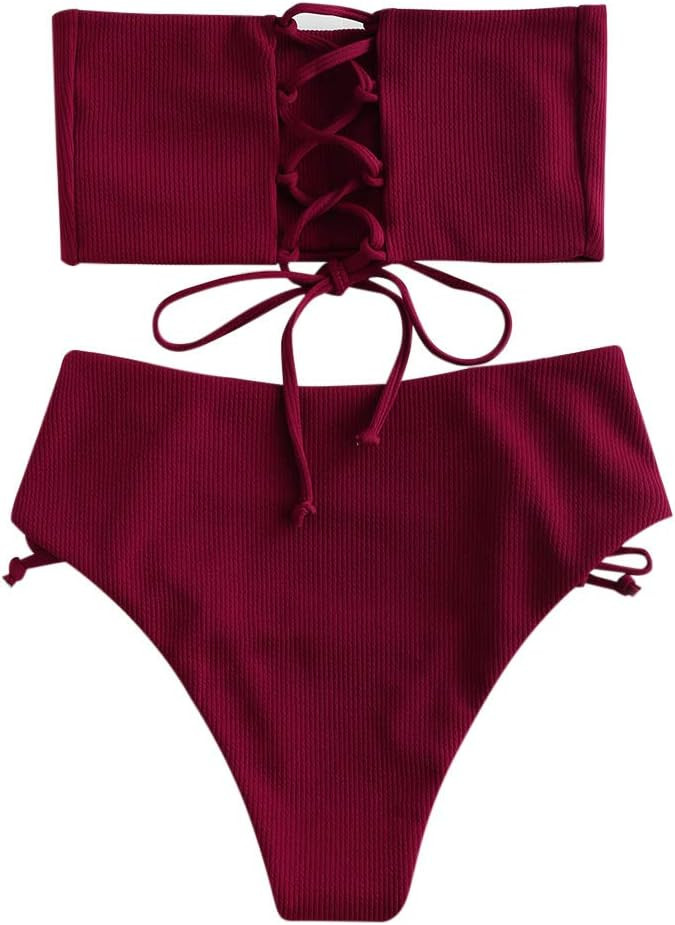 ZAFUL Bikini Textured Removable Straps Padded Bandeau Two Piece Bathing Suits for Women | Amazon (US)