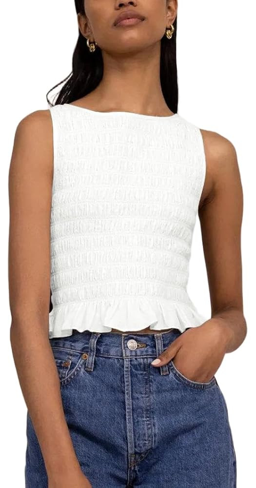 Women Smocked Ruffle Tank Top Y2k Sleeveless Shirred Going Out Crop Tops Cute Summer Ruched Peplu... | Amazon (US)