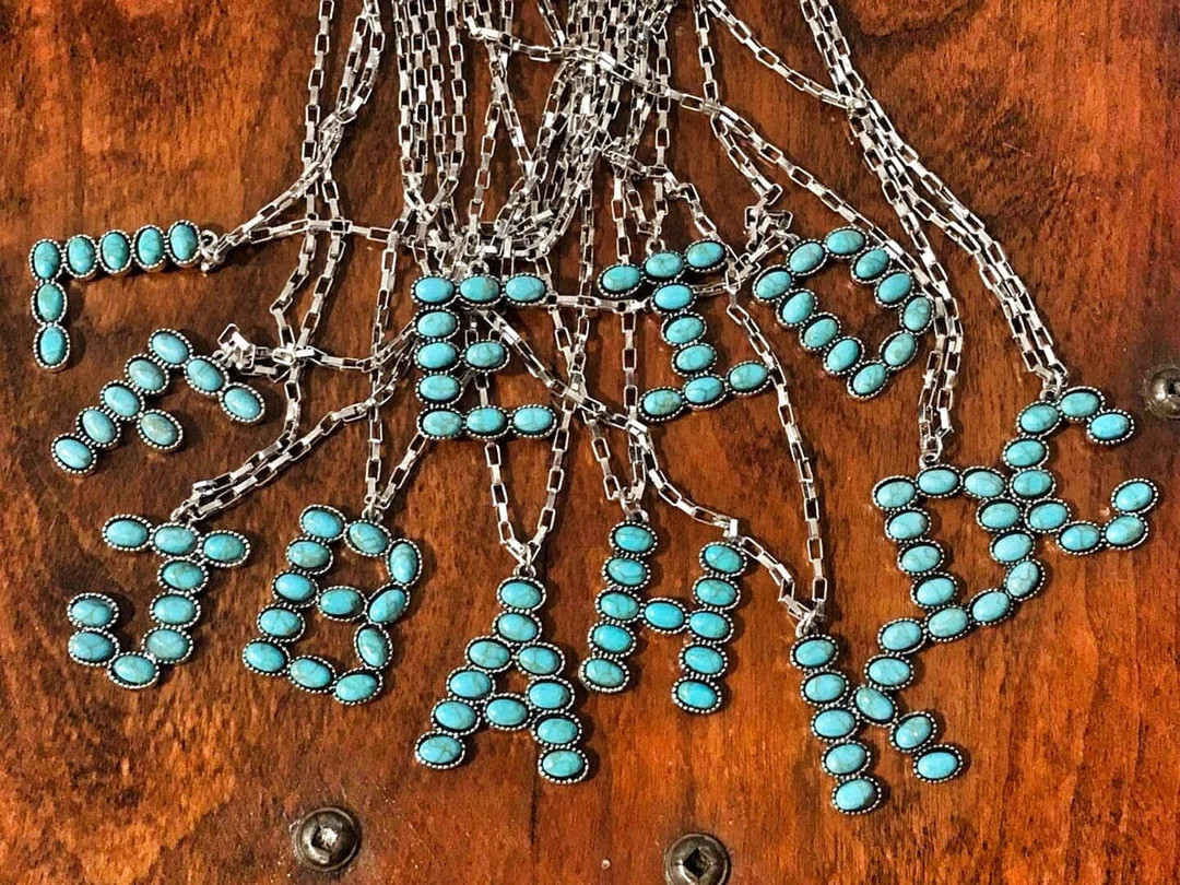 Turquoise Initial Semi Oval Stone Necklace - Etsy | Etsy (US)