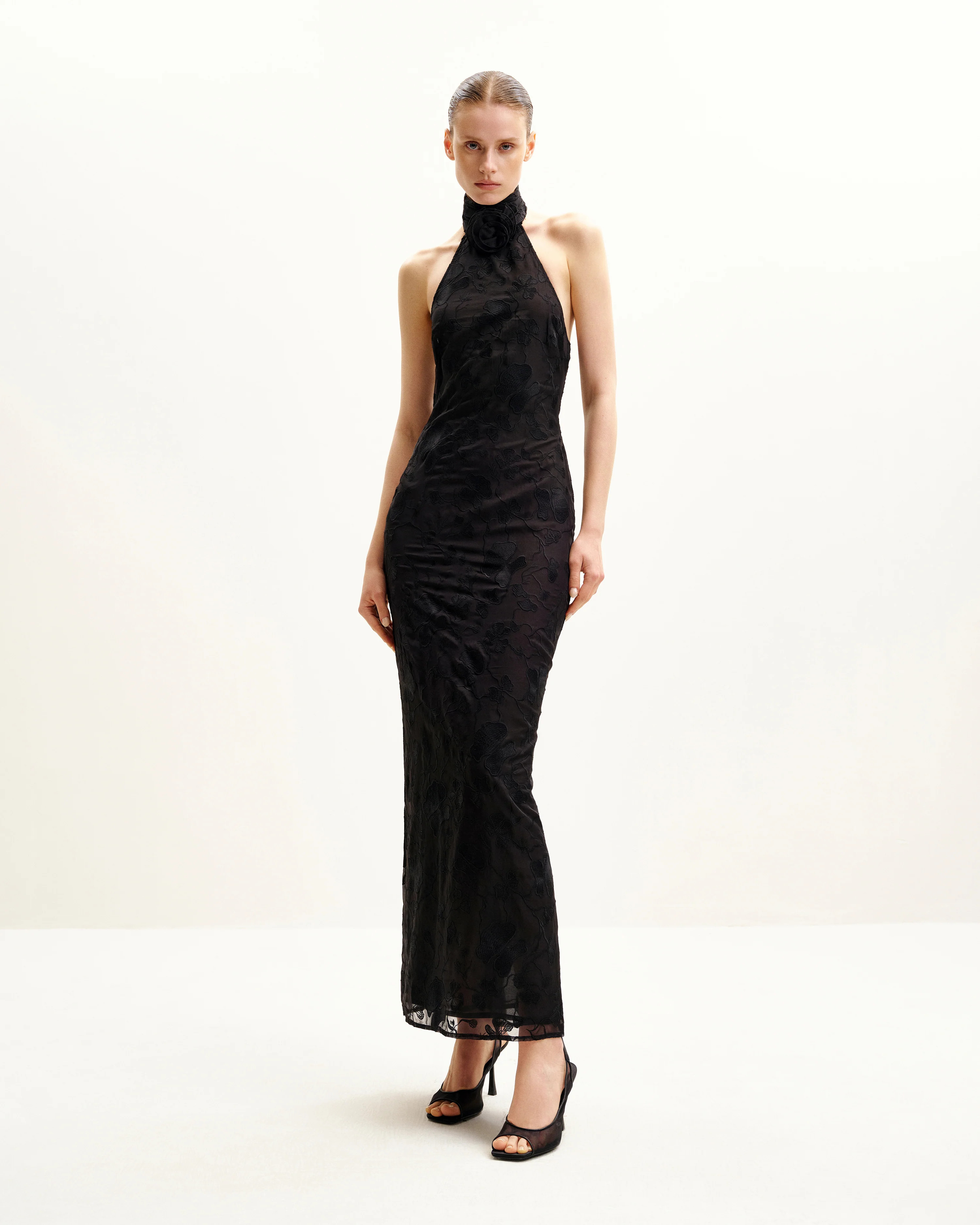 Uliana Black Floral Lace Halterneck Maxi Dress - Black | JW PEI US