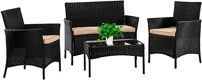 Amazon.com: FDW Patio Furniture Set 4 Pieces Outdoor Rattan Chair Wicker Sofa Garden Conversation... | Amazon (US)