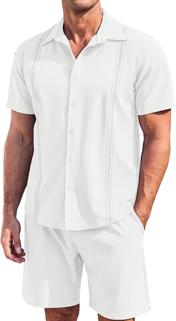 COOFANDY Men's 2 Piece Short Set Cuban Guayabera Shirts Short Sleeve Casual Beach Outfits Set | Amazon (US)