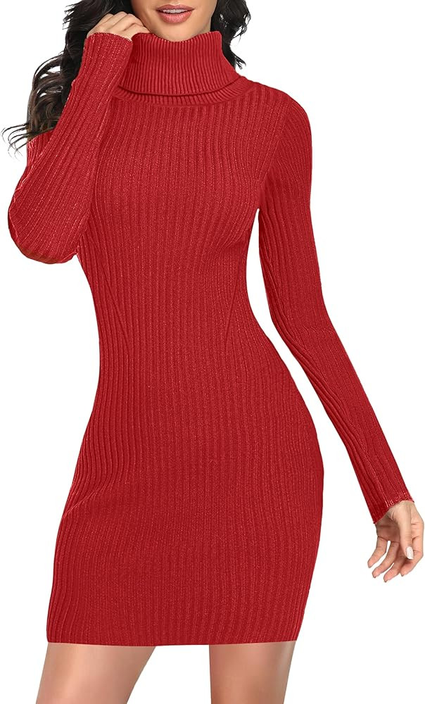 v28 Women Turtleneck Long Sleeve Bodycon Fall Winter Mini Slim Knit Sweater Dress | Amazon (US)