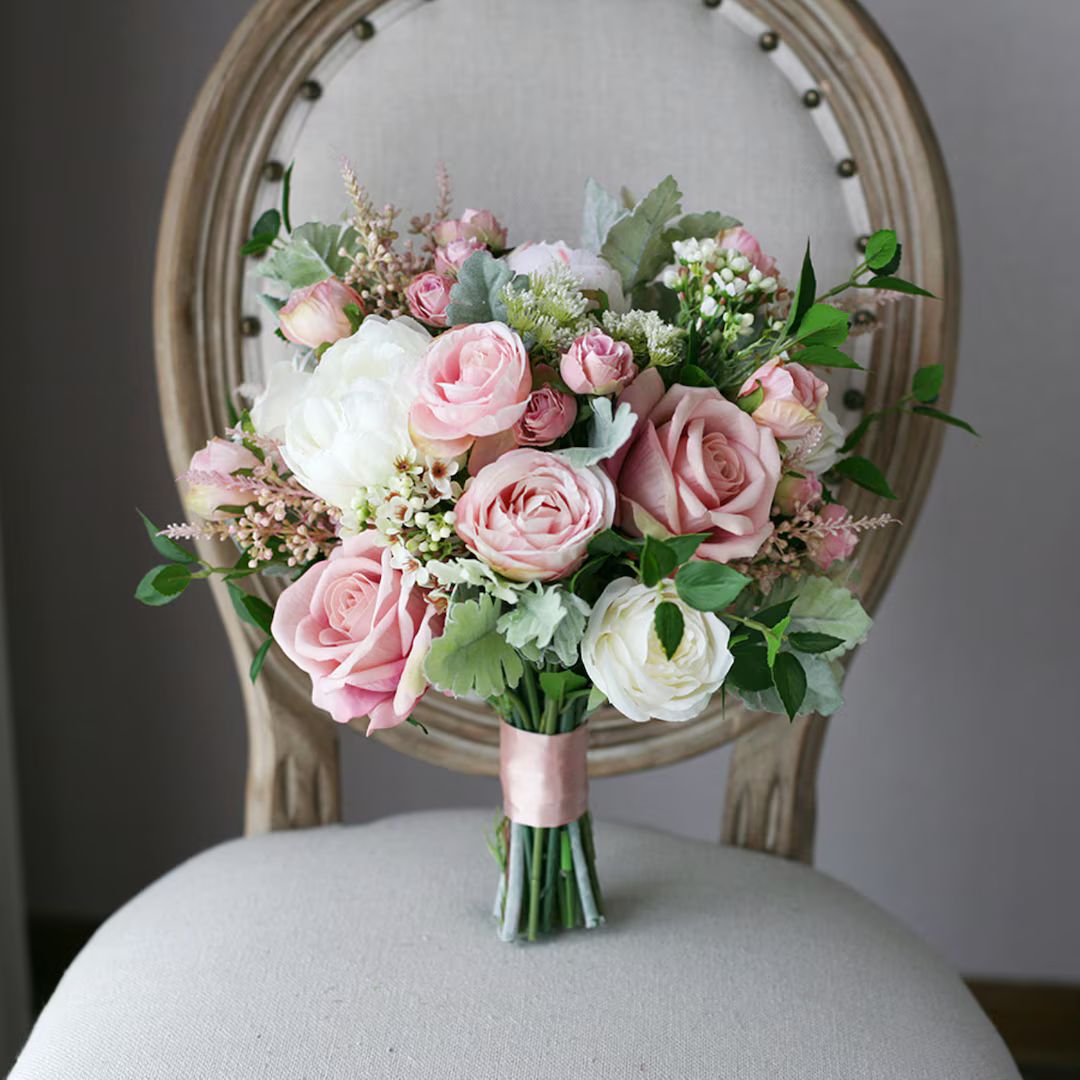 MerciGarden Dusty Rose Pink Bridal Bouquet, Classic Wedding Bouquet, Rustic Boho Flower Bouquet, ... | Etsy (US)