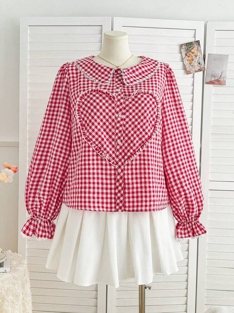 SHEIN WYWH Plus Size Women's Casual Holiday Check Pattern Peter Pan Collar Ruffle Heart Decor Bel... | SHEIN