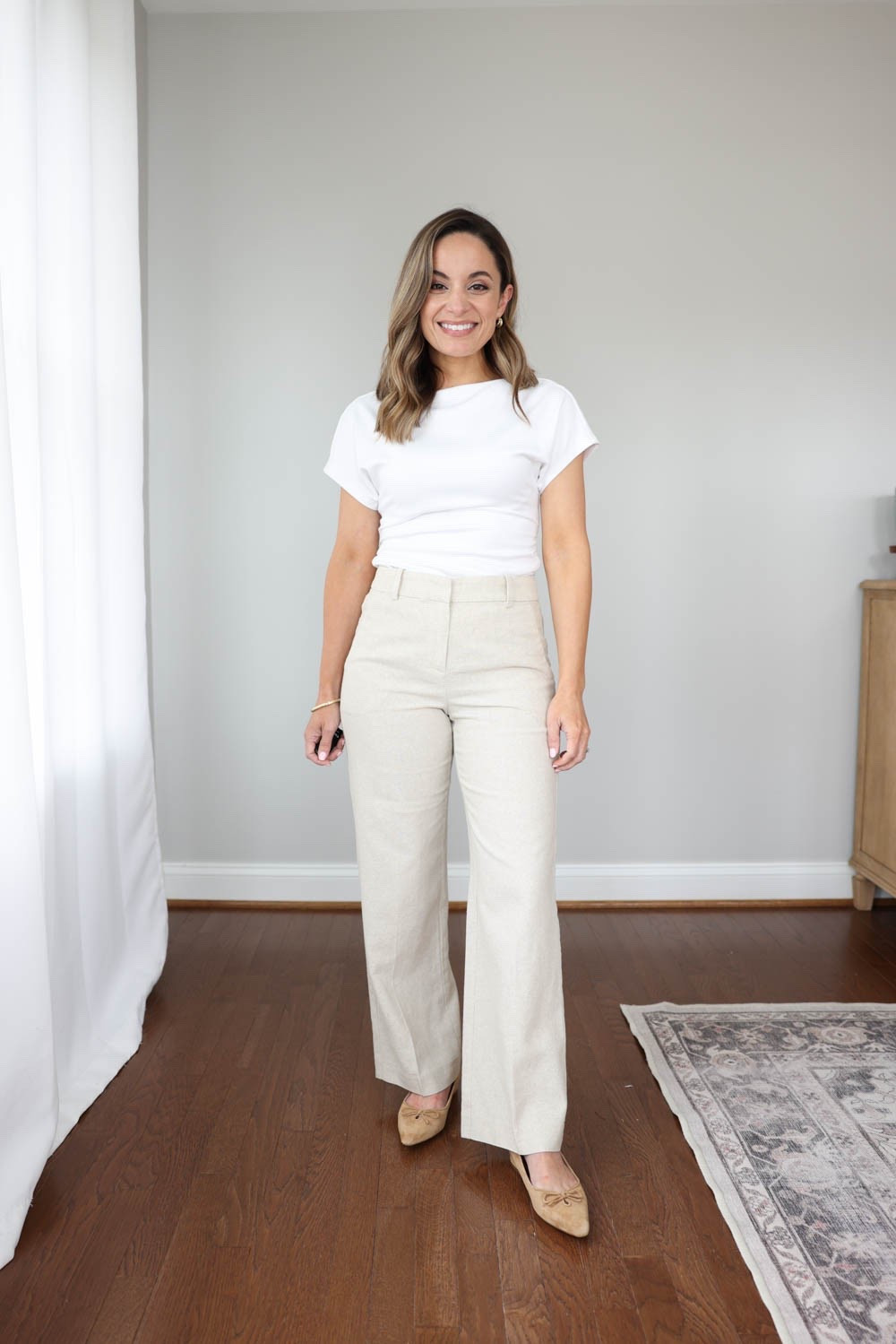 3 petite friendly pants you can wear to work! 

Remy Pants (J.Crew Factory): petite 00 | 10” rise | 28” inseam | linen and cotton blend | machine washable | true to size, loosens with wear 
Flats (Sam Edelman): true to size 

My measurements for reference: I’m 4’10” and 105lbs. My bust, waist, and hip measurement is 32”, 24”, and 36”.