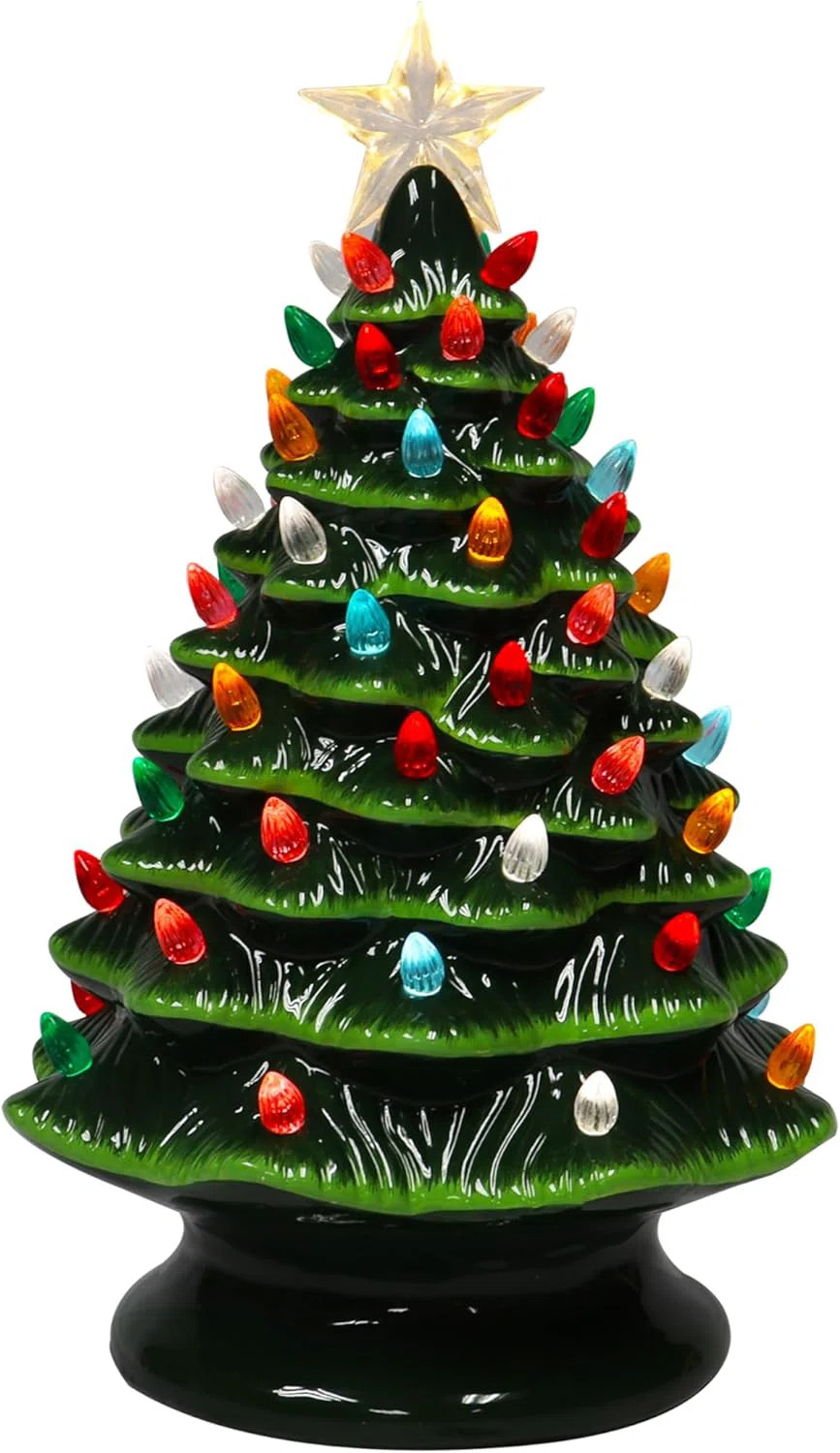 13.9”H Ceramic Green Christmas Tree with Christmas Lights & Star Topper - LED Lights, Battery D... | Wayfair North America