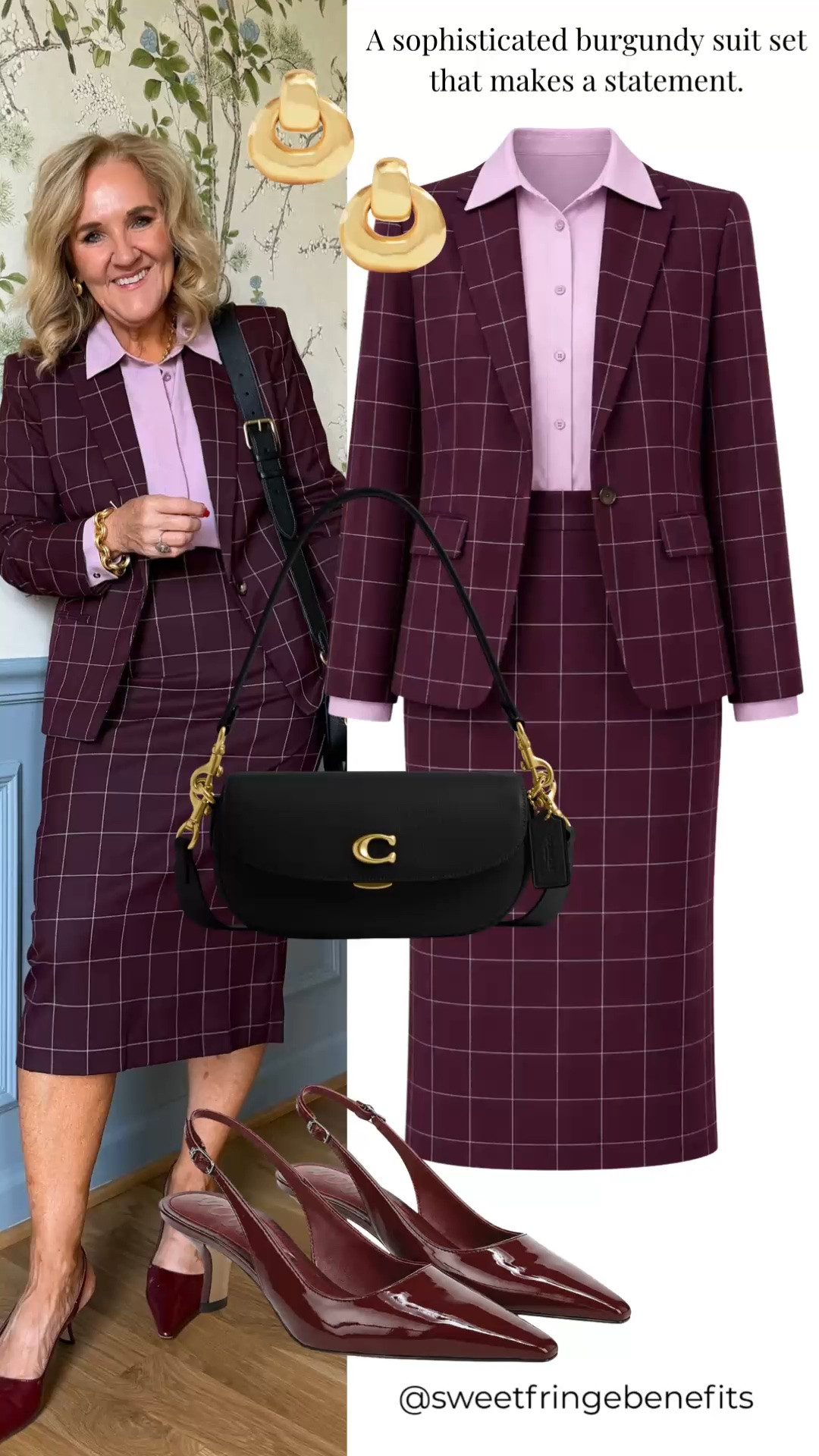 This burgundy windowpane suit makes a sophisticated statement. The soft pink blouse and burgundy slingbacks add a feminine touch while keeping the look polished.

💡 LTK MADE EASY
❤️ Heart = Support my posts!
🔖 Save = Get sale & restock alerts
📋 Lists = Keep favorites organized
📲 Share = Send lists and products to a friend. Hello, Christmas List!
💬 Comment = Ask me anything about what I'm wearing.:-)

#LTKgrwm #LTKootd #LTKWorkwear