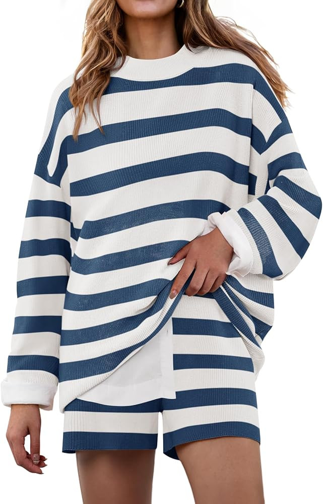 ZESICA Striped Lounge Sets for Women 2 Piece Oversized Outfits Long Sleeve Tops and Shorts Sweate... | Amazon (US)