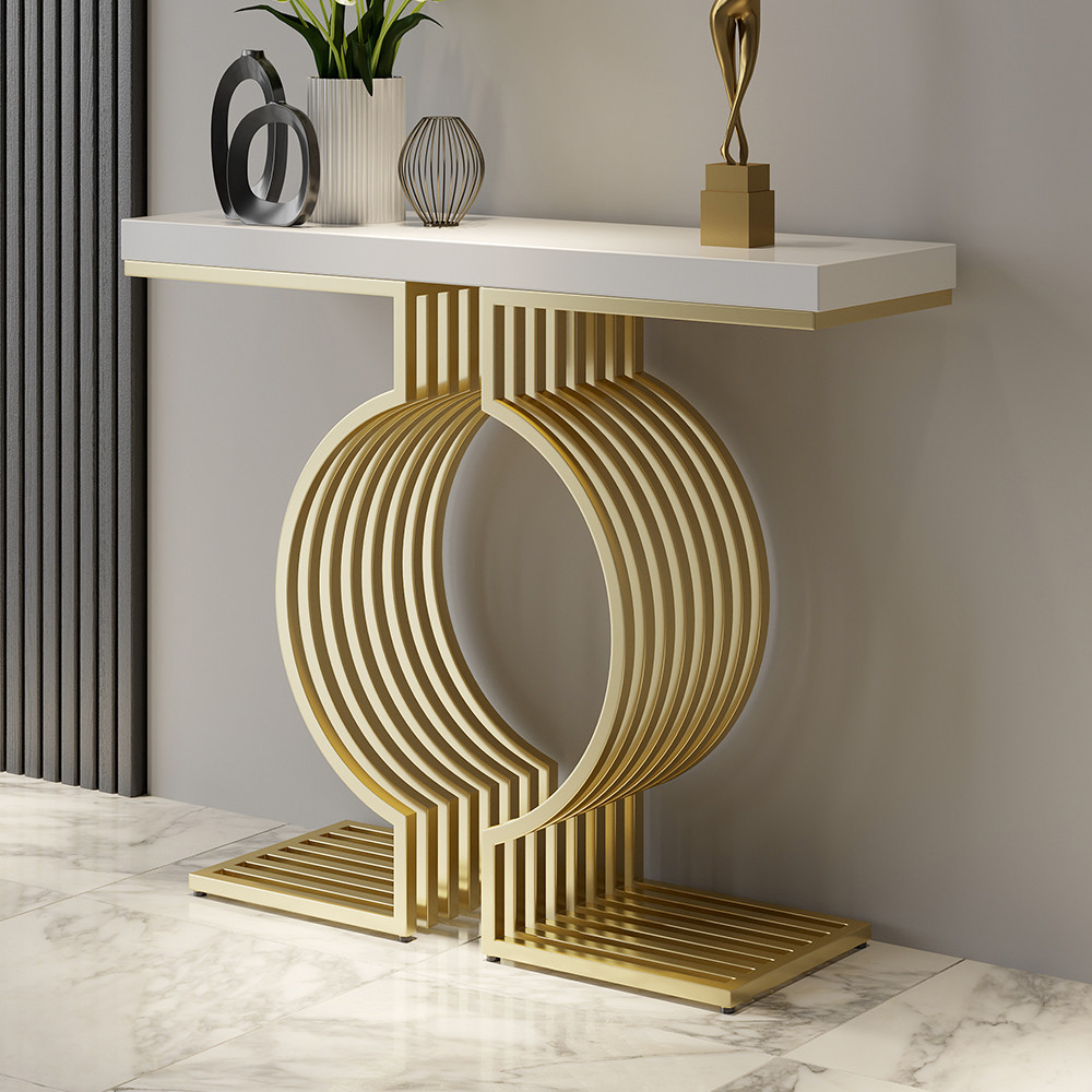 39.4"" Modern Narrow Console Table with Geometric Metal Base White Entryway Table | Homary