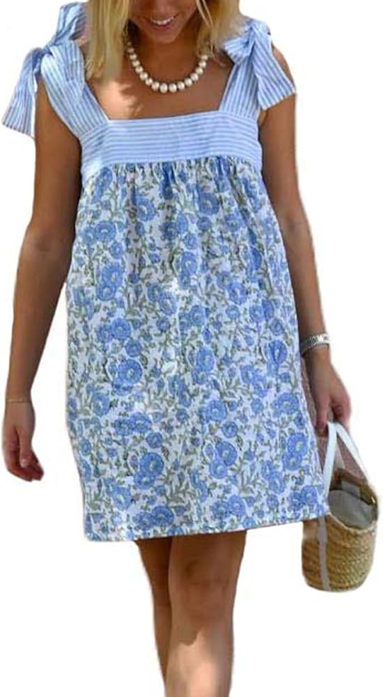 Women Tie Shoulder Mini Dress Floral Ruffle Babydoll Dress Boho Square Neck Sundress Cute Summer ... | Amazon (US)