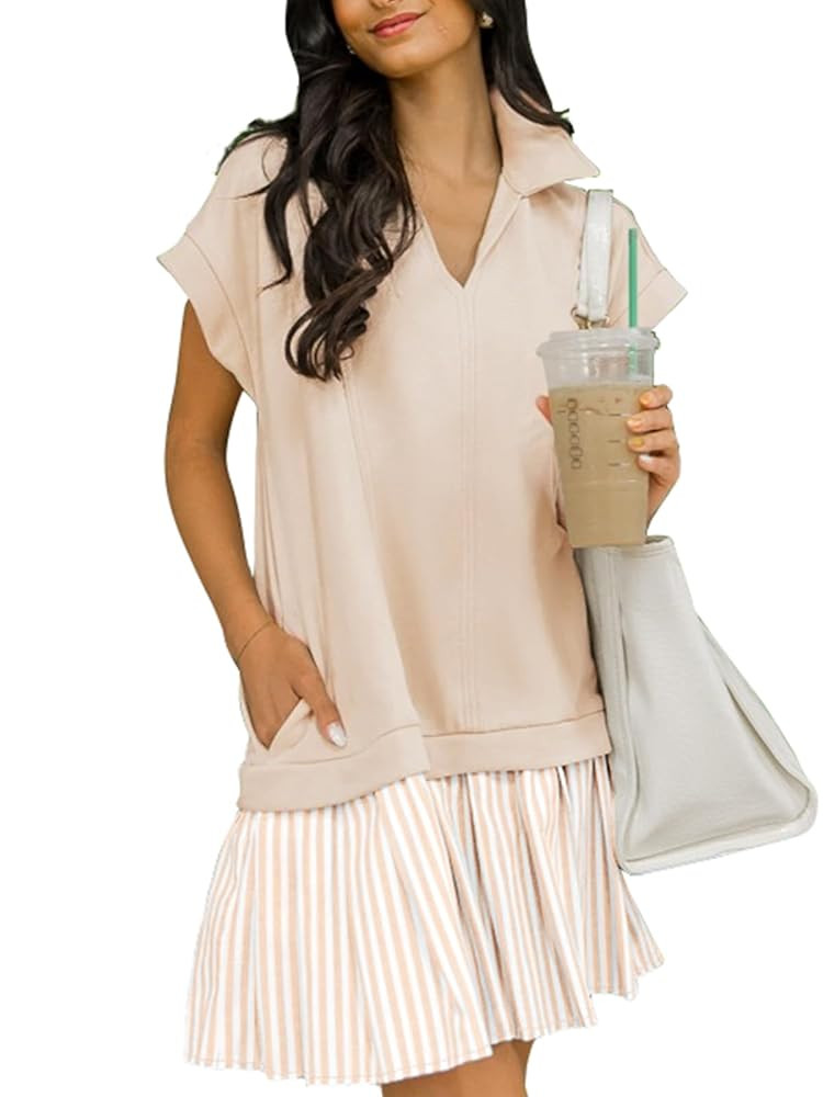 Women's V Neck Short Sleeve Summer Dress Patchwork Cap Sleeve Casual Loose Fit Pleated Striped Sh... | Amazon (US)