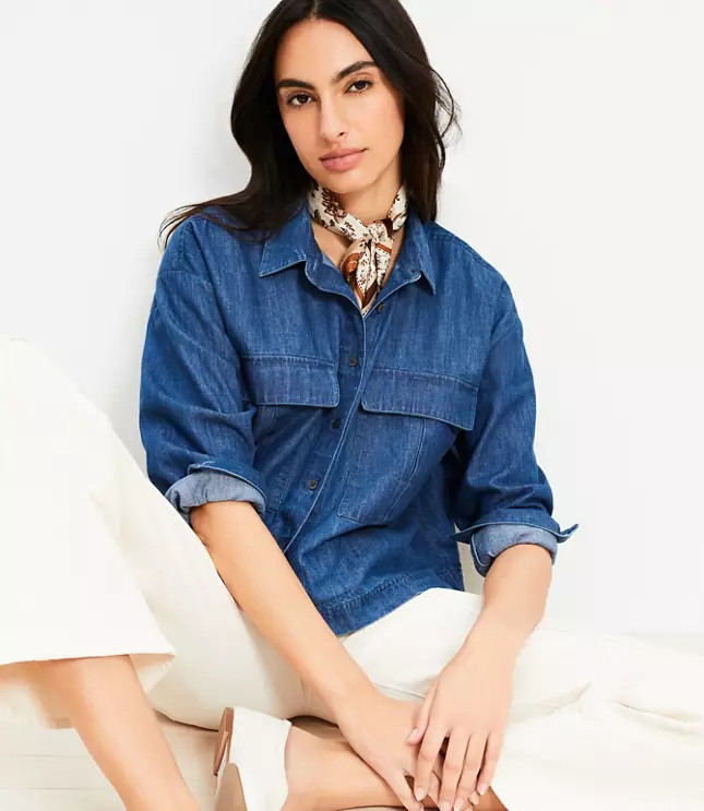 Petite Chambray Wide Sleeve Modern Utility Shirt | LOFT