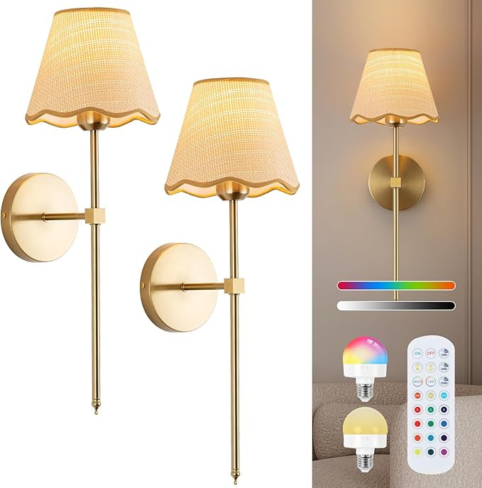 ADISUN Battery Operated Wall Sconce Set of 2, Gold Wall Lamps Rechargeable Bulbs for Living Room,... | Amazon (US)