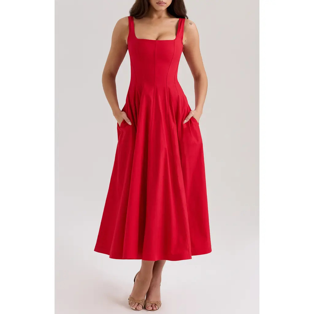 HOUSE OF CB Mariabella Lace-Up Stretch Cotton Midi Dress in Racing Red at Nordstrom, Size Small | Nordstrom