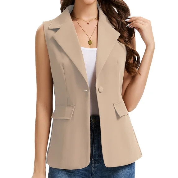 Women's Sleeveless Blazer Vest Lightweight Fully Lined Single Button Fashion Casual Summer Work O... | Walmart (US)