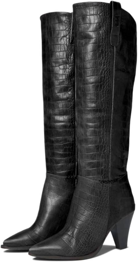 Women Western Knee High Boots Chunky Stacked Heel Pointed Toe Crocodile Boots Pull On Burnished M... | Amazon (US)