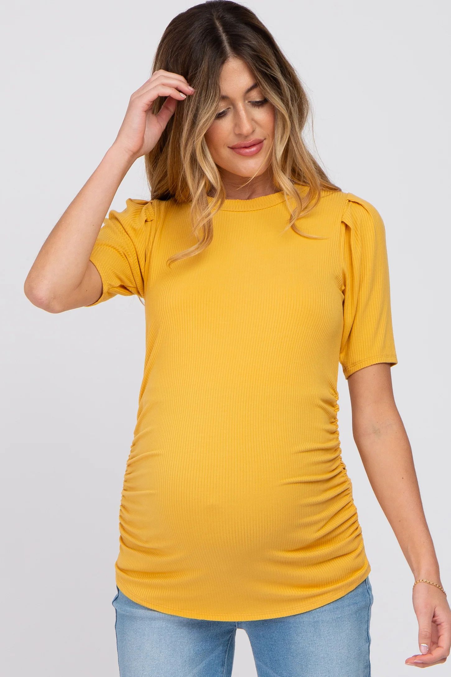 Yellow Ribbed Puff Sleeve Ruched Maternity Top | PinkBlush Maternity