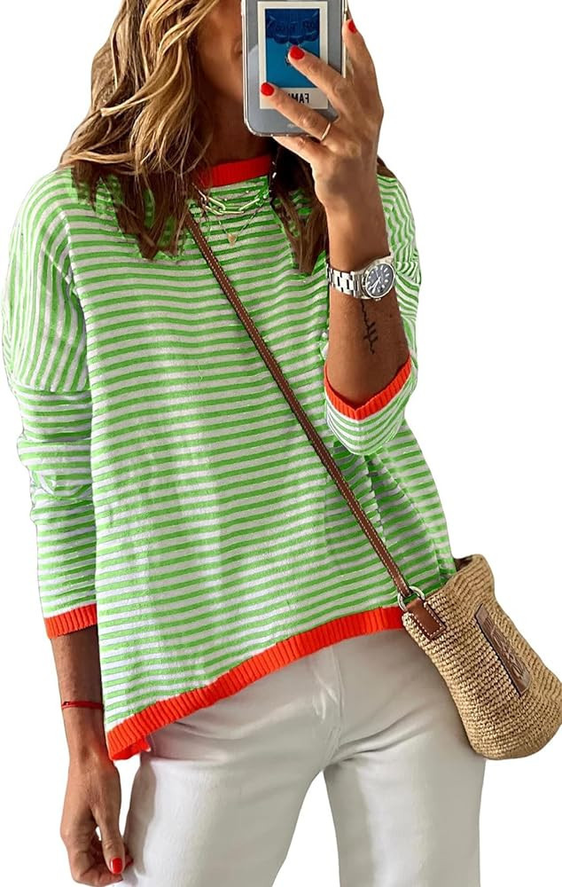 BLANCHES Women's Striped Sweaters 2023 Lightweight Sweaters Long Sleeve Crew Neck Color Block Cas... | Amazon (US)