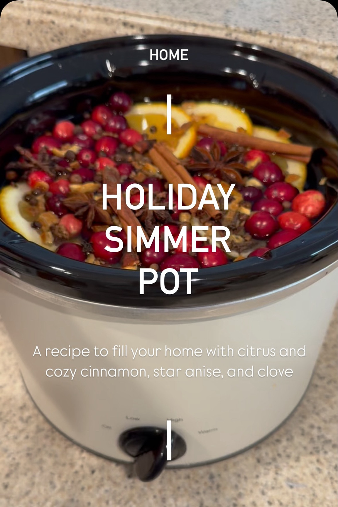 You’ll want this 🍊✨Holiday Simmer Pot 🎄🍋adding an extra touch of coziness to your home all holiday season long!

Ingredients
1/2 orange (sliced)
1/2 lemon (sliced)
1/2-1 cup cranberries
1/4 cup Williams Sonoma Mulling Spices
3 star anise
4 cinnamon sticks
4 cups water

Directions
Add all ingredients to small crockpot. Turn temperature to high. Add more water as it gets low to continue simmering as long as you’d like.

#simmerpot #holidayrecipes #holidayseason #christmasiscoming #holidayseason #holidaypartyideas #holidayrecipe #williamssonoma #mullingspices #simmerpotrecipes #holidaysimmerpot #lecreuset #crockpot #recipeshare