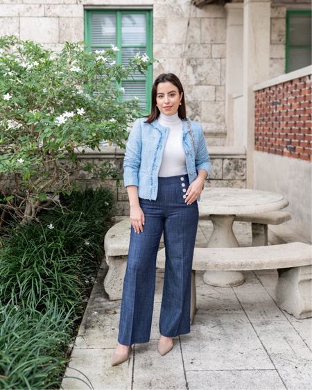 A very chic work outfit idea that you can recreate! Tweed jacket and chambray pants paired with neutral slingback heels and a denim bag. Wearing a size 2 Petite. 
#outfitidea #workwear #fashionfinds #springclothes

#LTKShoeCrush #LTKSeasonal #LTKStyleTip