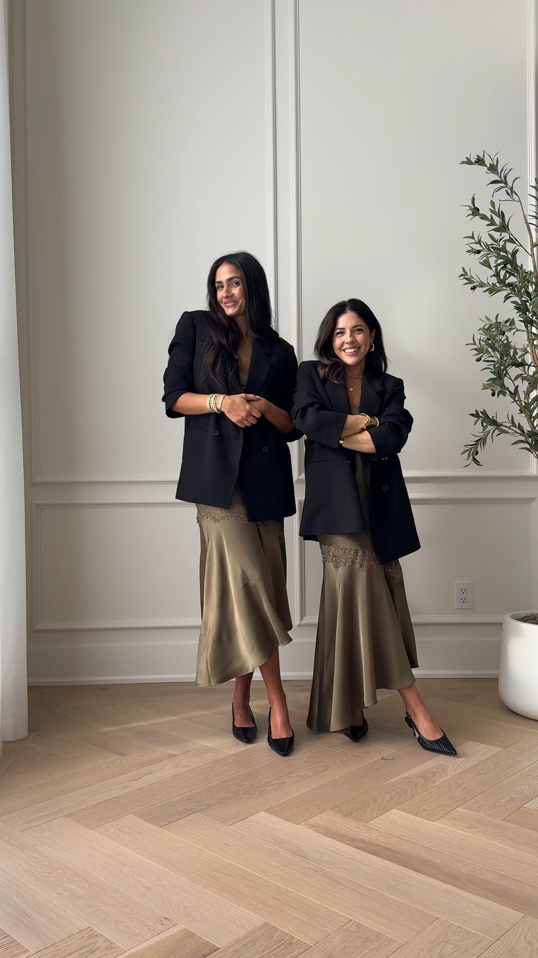 Tall vs short is BACK, BABY!!! 
Vanessa is 5’1 and wearing size XS in both 
Chantel is 5’8 and wearing small in the dress and S/M in blazer 