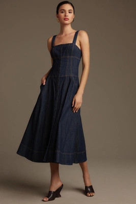 Maeve Square-Neck Buttondown Corset Denim Midi Dress | Anthropologie (UK)