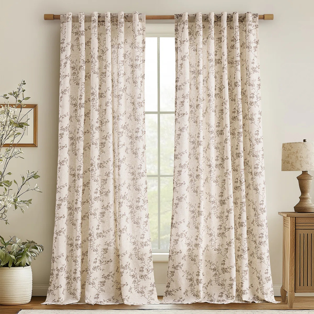 Semi Sheer Linen Blend French Floral Printed Rod Pocket Curtain Pair (Set of 2) | Wayfair North America