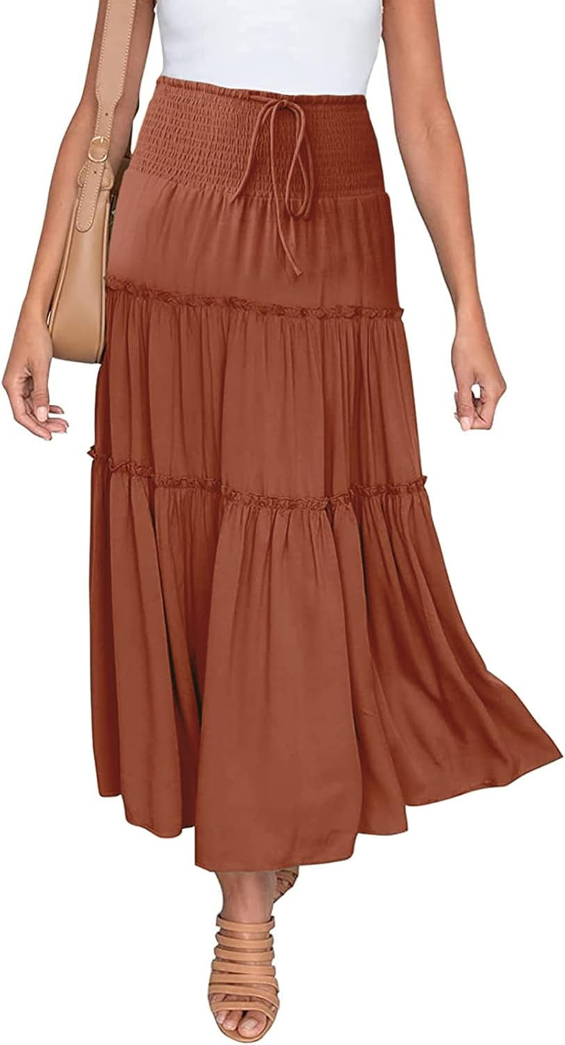 HAEOF Women's Boho Elastic High Waist A Line Ruffle Swing Beach Maxi Skirt with Pockets | Amazon (US)