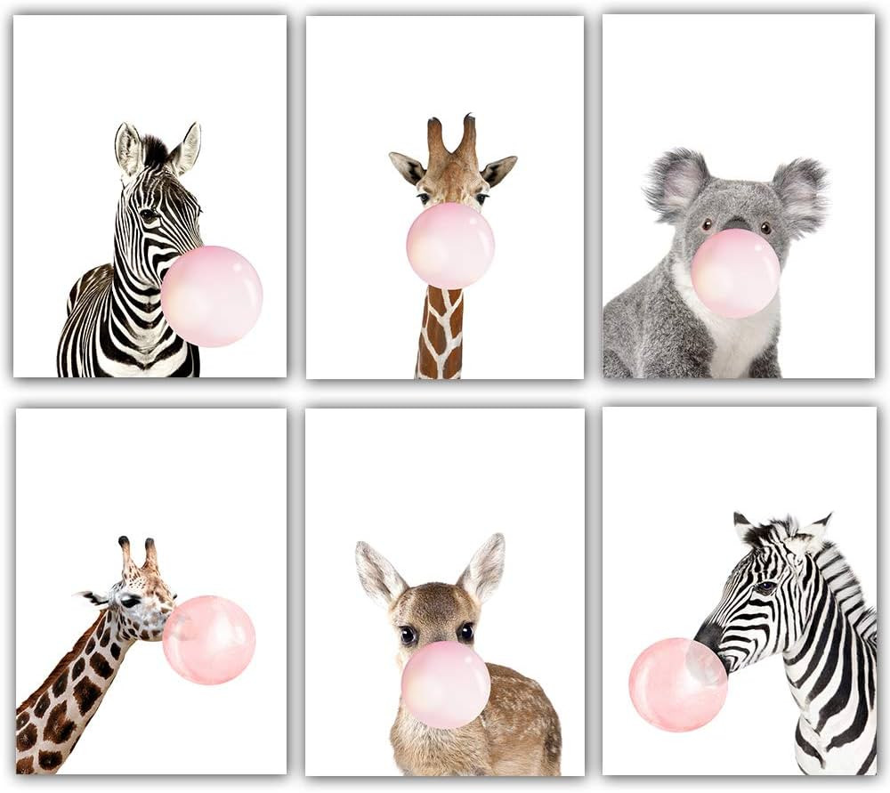 Pink Bubble Gum Animal Prints Whimsical Safari Animals and Woodland Creatures Nursery Wall Prints... | Amazon (US)