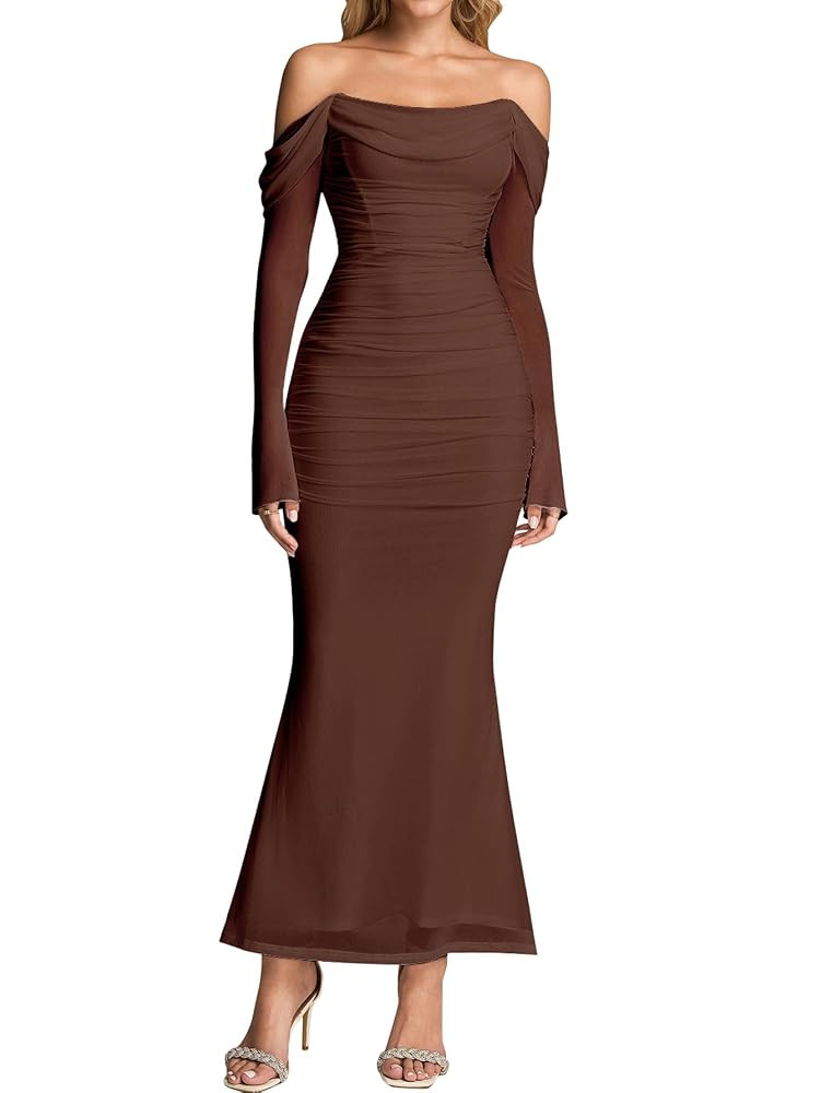 KUTUMAI Off Shoulder Long Sleeve Maxi Dress Corset Bodycon Ruched Cocktail Formal Wedding Guest D... | Amazon (US)