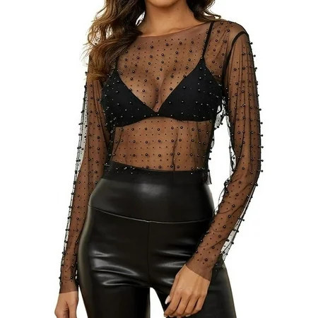 Women Pearl Rhinestone Sheer Mesh Crop Top Sexy See Through Long Sleeve Slim Fit Cropped Blouse Shirt Clubwear | Walmart (US)