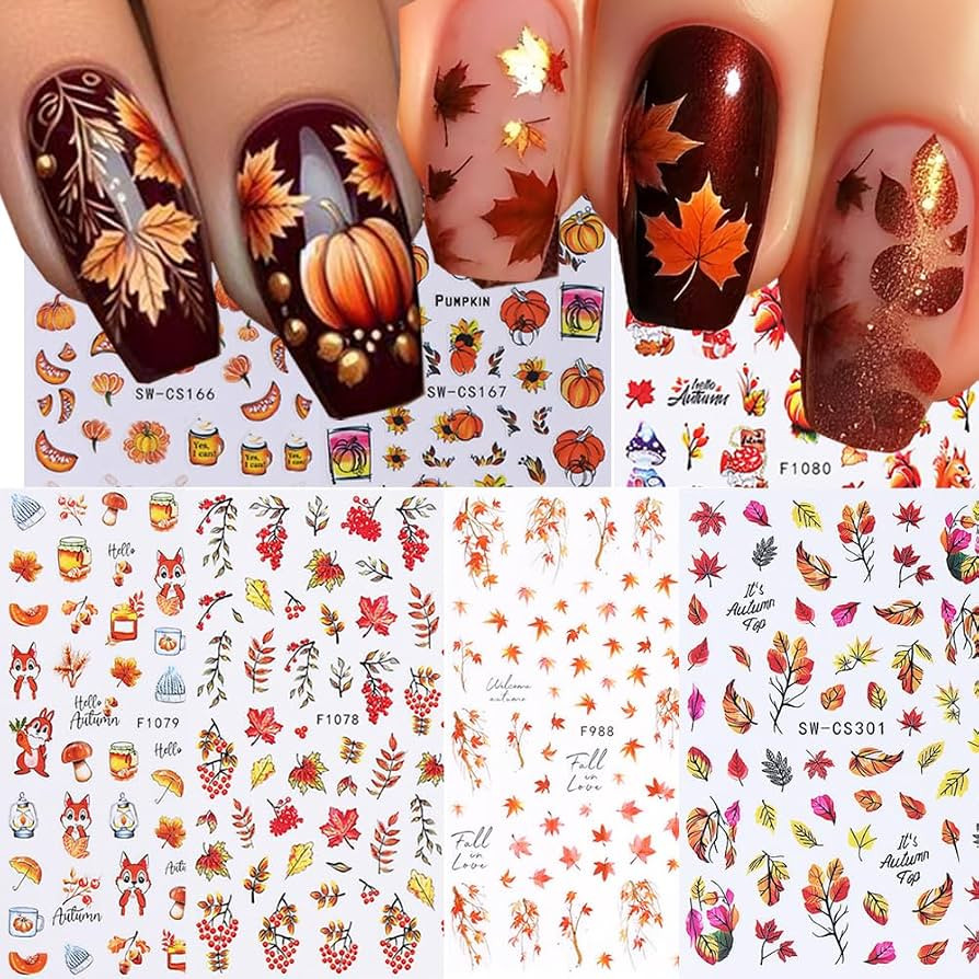 7 Sheets Fall Maple Nail Stickers for Nail Art, 3D Self-Adhesive Autumn Leaf Pumpkin Nail Decals,... | Amazon (US)