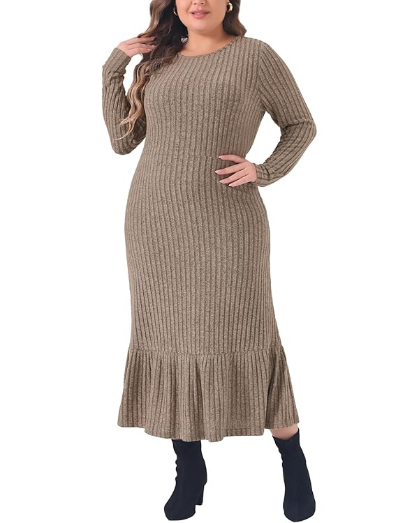 Agnes Orinda Plus Size Dress for Women Ribbed Knit Long Sleeve Crew Neck Ruffled Hem Midi Dresses | Amazon (US)