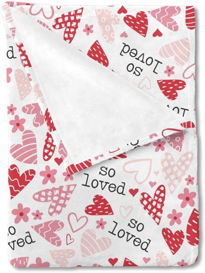 HawSkgFub Baby First Valentine’s Day Blankets Girl Shower Gift, Pink Red Heart So Loved Flannel... | Amazon (US)