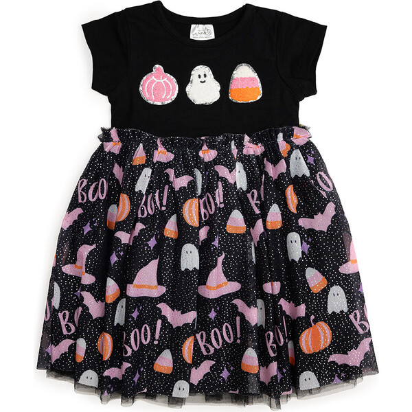 Boo Halloween Short Sleeve Tutu Dress, Black | Maisonette