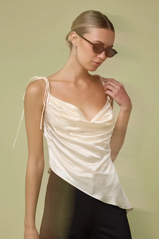 Bardot Cream Satin Cowl Neck Tie-Strap Cami Top | Lulus