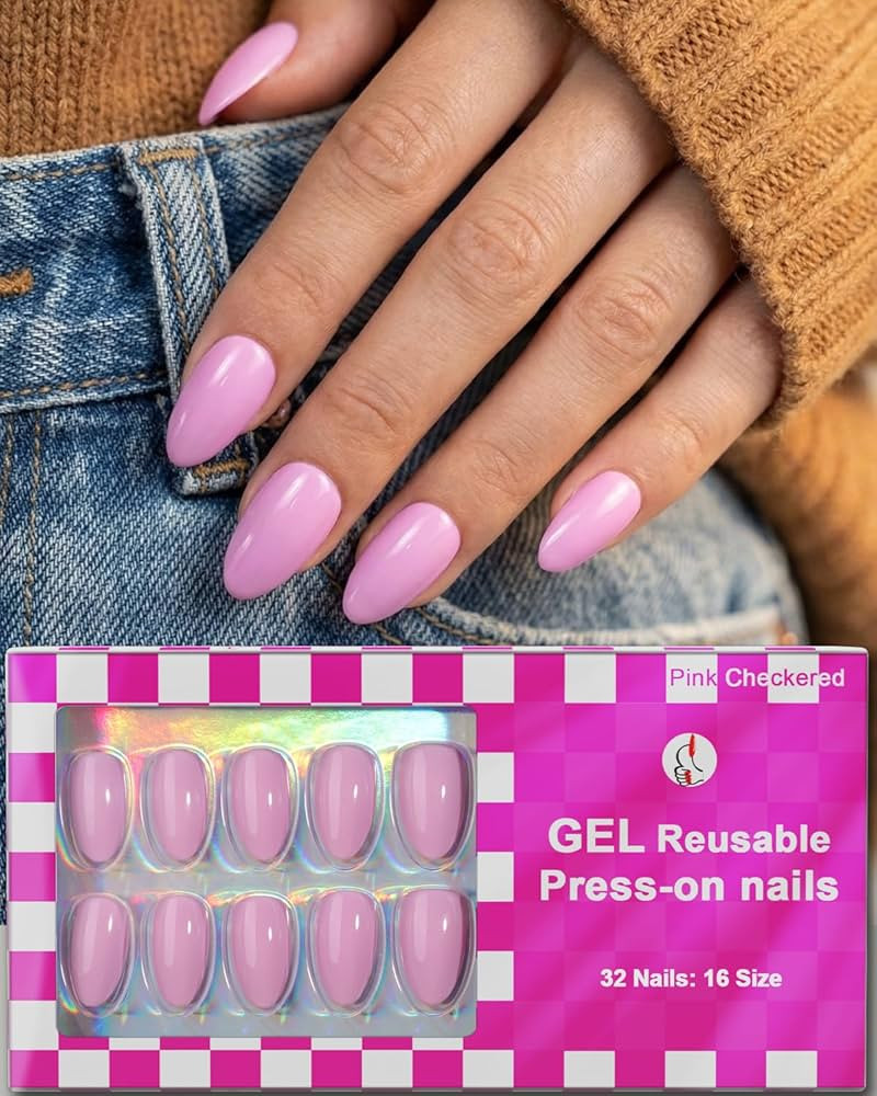 Pink Press On Nails Short 16 Sizes 32pcs Almond Fake Nails Glossy, Nail Glue Included | Amazon (US)