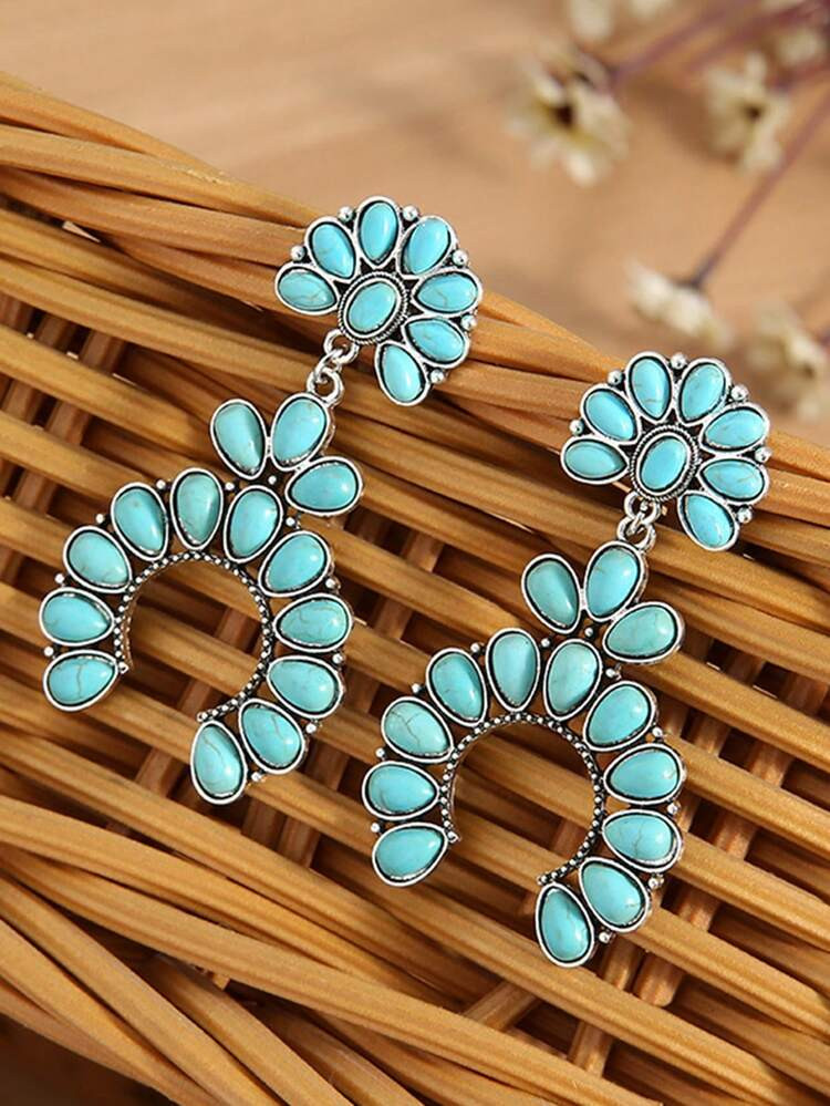 2pcs Vintage Western Style Turquoise Women's Drop Earrings Geometric Hoop Cowboy Ear Rings Jewelr... | SHEIN