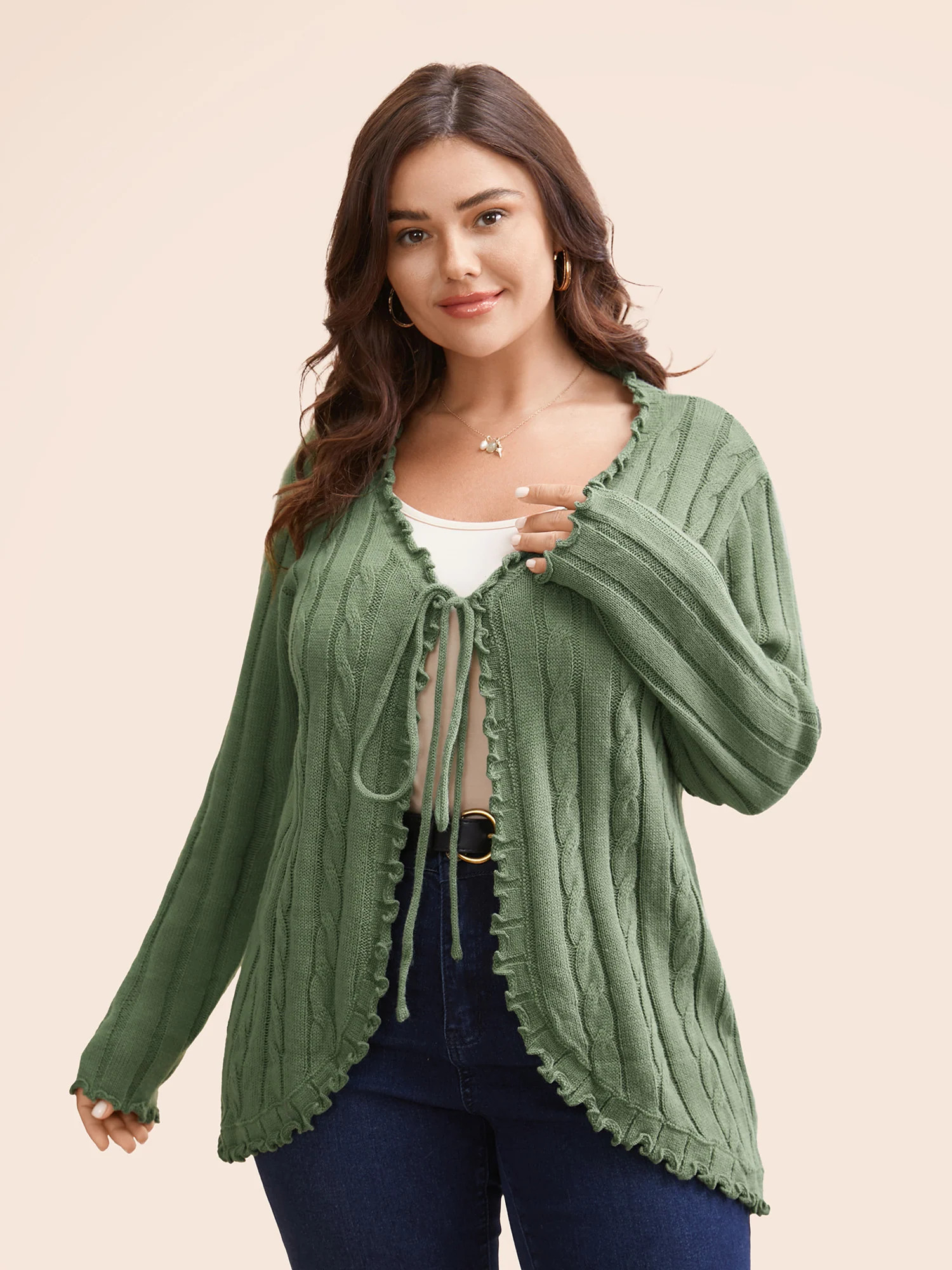 Cable Knit Tie Knot Frill Trim Cardigan | Bloomchic