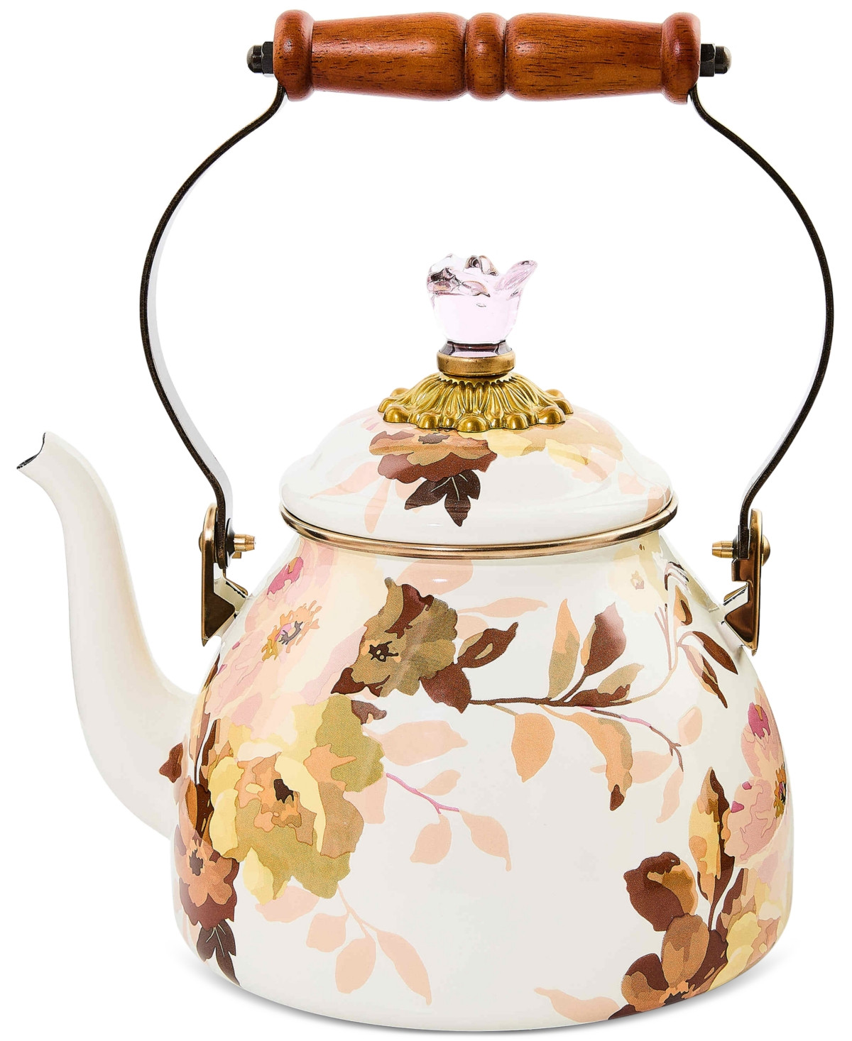 MacKenzie-Childs Wild Rose White Enameled 2-Qt. Tea Kettle - Mocha | Macy's
