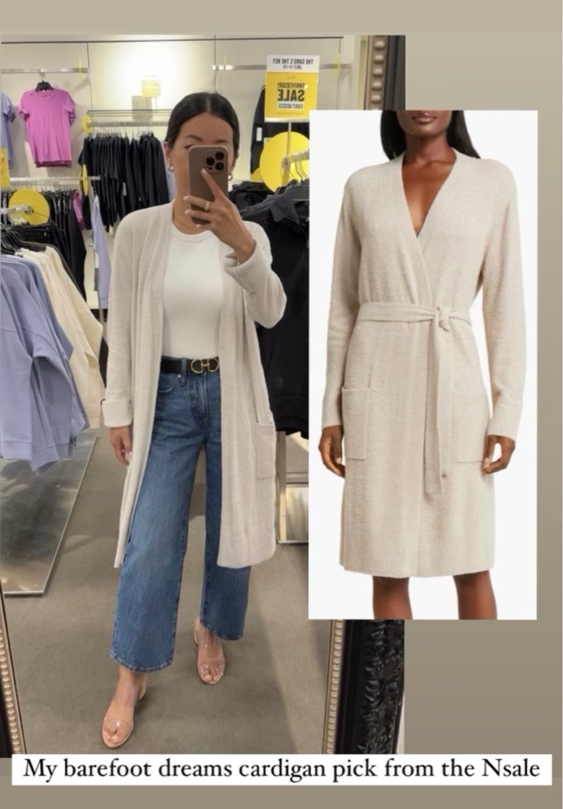 •Barefoot Dreams cozy chic light robe Xs in Pearl. I tried all the sale options and this one’s my favorite, closest to a cozy long one I love and got prior year. Feels more plush and substantial compared to the cozy chic ULTRA light. Love the removable sash belt and easy to access front square pockets. I would ignore the way it’s marketed -it’s totally wearable as a regular cardigan!
•Madewell flattering straight crop jeans: TTS but a tad big compared to other brands. Wearing 24 petite, could maybe size down to 23P

•Abercrombie bodysuit xs. Nice weight, not thin

•Schutz sandals 5.5 

•Edited Pieces reversible belt xxs (EditedPieces.com) was just fully restocked!

#petite Nsale cardigans lounge

#LTKxNSale