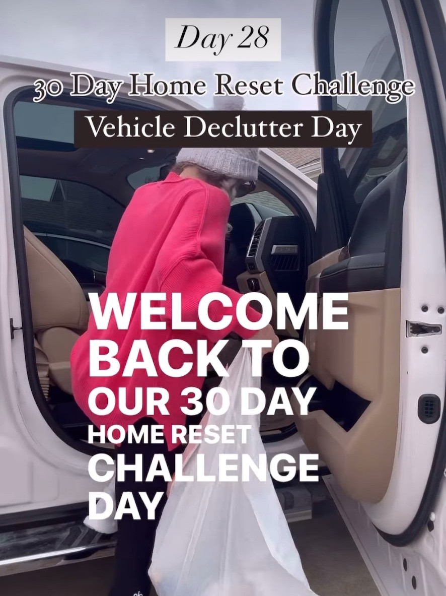 Welcome back to our 30 day home reset challenge, day 28! 

I’m Brittany , Mom to 5, professional organizer, and owner of B. Beautifully Organized . 

Now that we’ve got our garages Decluttered, Today we are decluttering our vehicles! 

Grab a white trash bag for trash, a box of bin for things that don’t belong, set your timer for 30 minutes, and let’s go! 

1. Is this trash? Toss it. If you have a headrest trashcan (I can’t recommend these enough!) go ahead and empty it. 
2. Is this a Keep” but it belongs somewhere else? Toss it in the box to be taken inside after the session. 

they should hopefully be pretty quick process, so go ahead and use the rest of this time to put all the items that belong somewhere else away. 

I’ve got your bonus system in the caption below, and we’ll see you back tomorrow!

BONUS HOME 🏠 SYSTEM
HABIT TIME! Make a habit/rule that every time you or your family gets out of the car, bring 3 things in with you. If everyone is doing it nearly every time, then most things should be brought back inside and your car should stay decently clean, minus the Cheerios and goldfish crumbs 😆

#LTKFamily #LTKTravel #LTKWatchNow
