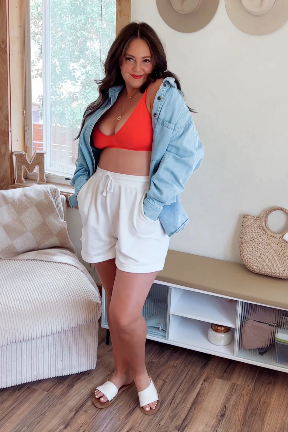 Fourth of July outfit inspo 🇺🇸 denim shacket • white lounge shorts • red bralette • red white and blue patriotic outfit

#LTKSeasonal