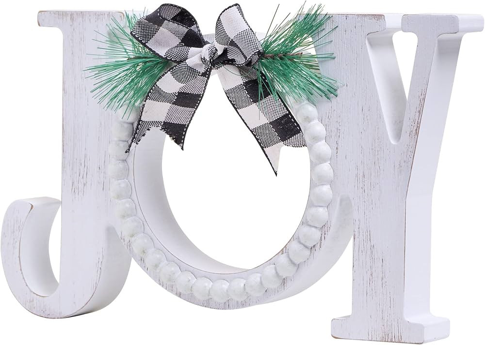 GENMOUS Farmhouse JOY Christmas Wood Block Decor With Beaded Wreath Ornaments For Holiday Firepla... | Amazon (US)