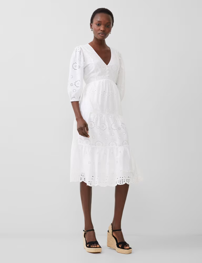 Pure Cotton Broderie V-Neck Midi Tiered Dress | Marks & Spencer (UK)