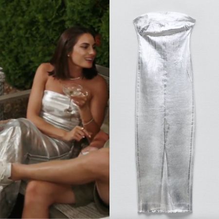 Paige DeSorbo’s Silver Metallic Strapless Maxi Dress 