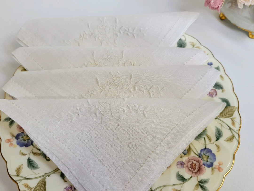 Linen Napkins Set of 4 Hand Embroidered Hemstitched Vintage White Linen Napkins 13 Square Excelle... | Etsy (US)